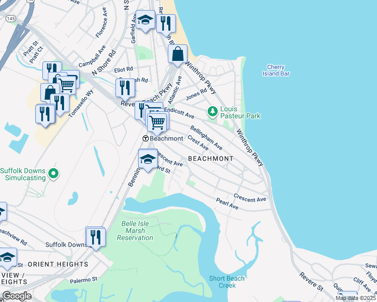 map of restaurants, bars, coffee shops, grocery stores, and more near 776 Winthrop Avenue in Revere