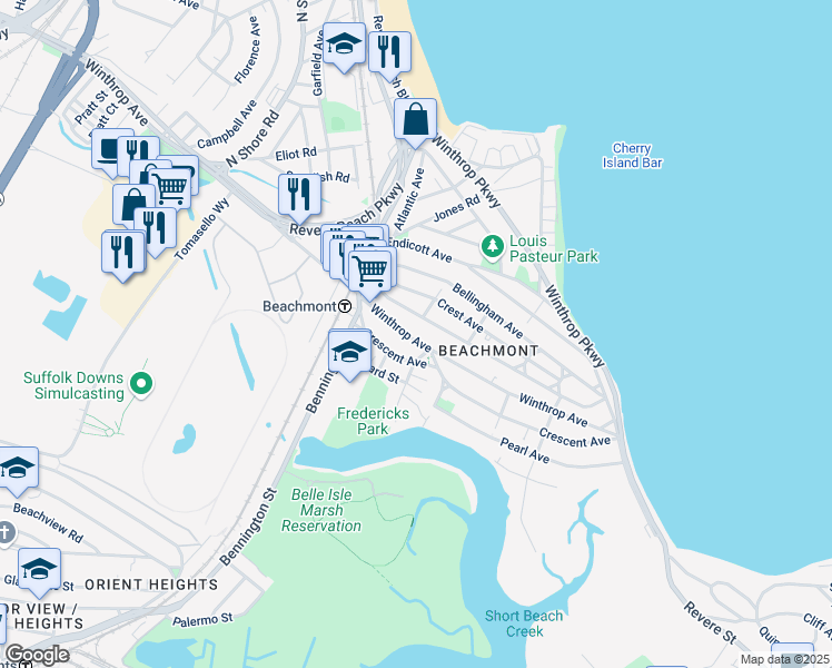 map of restaurants, bars, coffee shops, grocery stores, and more near 64 Crescent Avenue in Revere