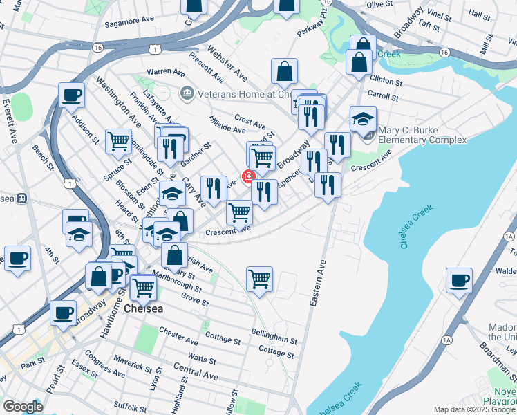 map of restaurants, bars, coffee shops, grocery stores, and more near 130 Crescent Avenue in Chelsea