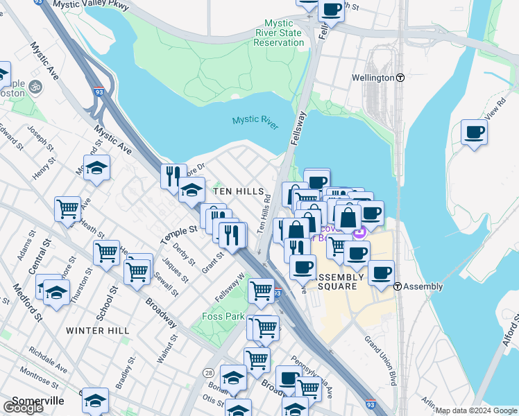 map of restaurants, bars, coffee shops, grocery stores, and more near 20 Puritan Road in Somerville