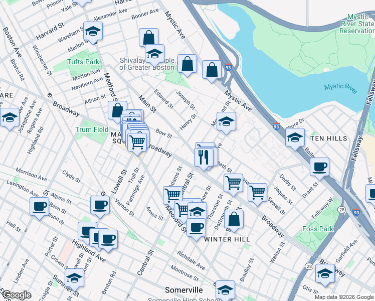 map of restaurants, bars, coffee shops, grocery stores, and more near 33 Main Street in Somerville