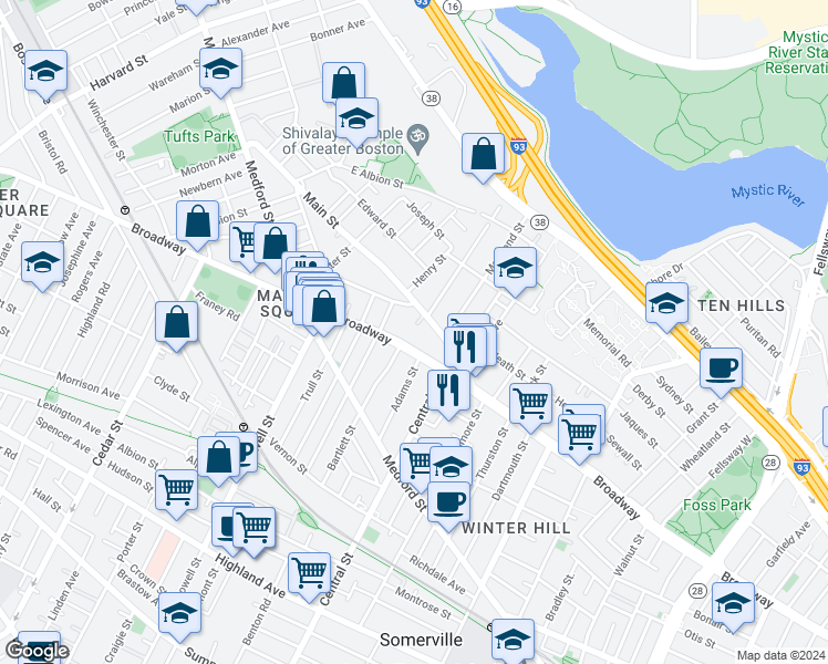 map of restaurants, bars, coffee shops, grocery stores, and more near 427A Broadway in Somerville