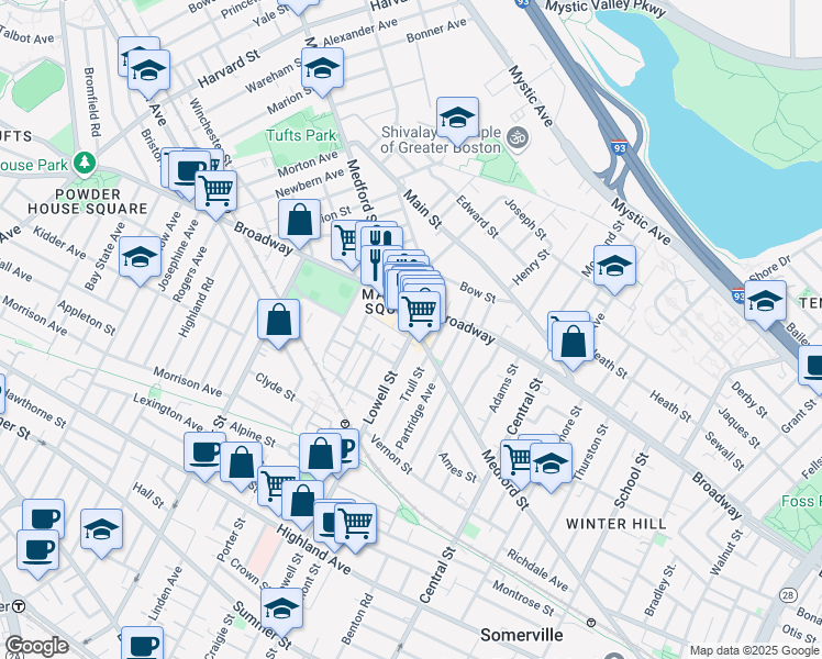map of restaurants, bars, coffee shops, grocery stores, and more near 5 Lowell Terrace in Somerville
