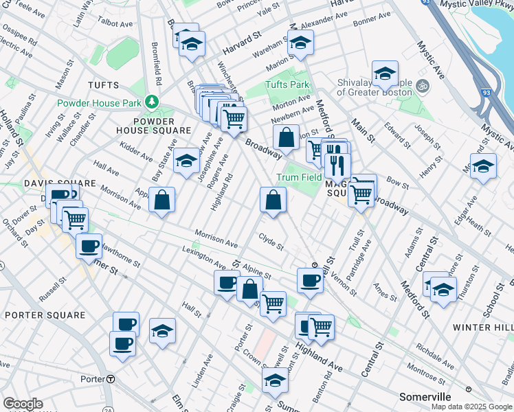 map of restaurants, bars, coffee shops, grocery stores, and more near 48 Boston Avenue in Somerville