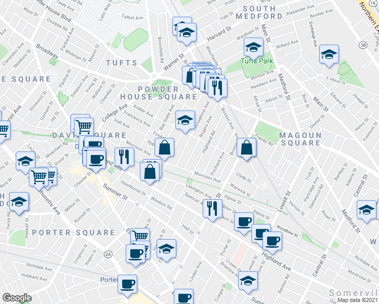 map of restaurants, bars, coffee shops, grocery stores, and more near 19 Rogers Avenue in Somerville