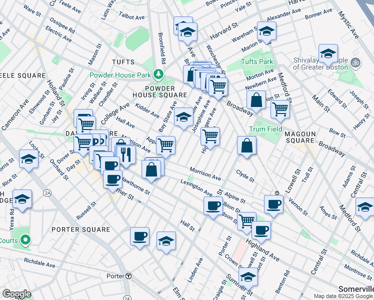 map of restaurants, bars, coffee shops, grocery stores, and more near 19 Rogers Avenue in Somerville