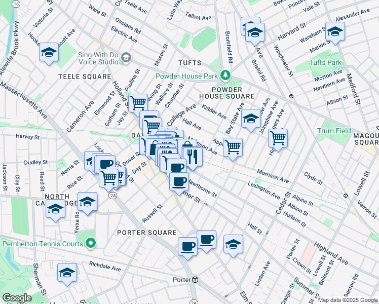 map of restaurants, bars, coffee shops, grocery stores, and more near 29 Ellington Road in Somerville