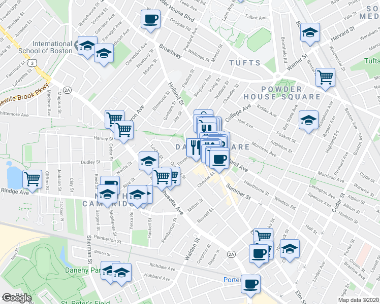 map of restaurants, bars, coffee shops, grocery stores, and more near 88 Dover Street in Somerville