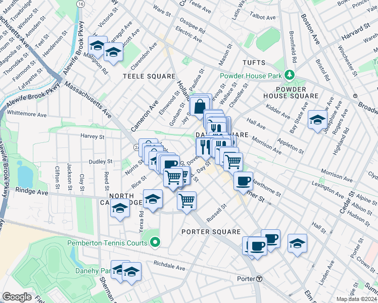 map of restaurants, bars, coffee shops, grocery stores, and more near 155 Orchard Street in Somerville