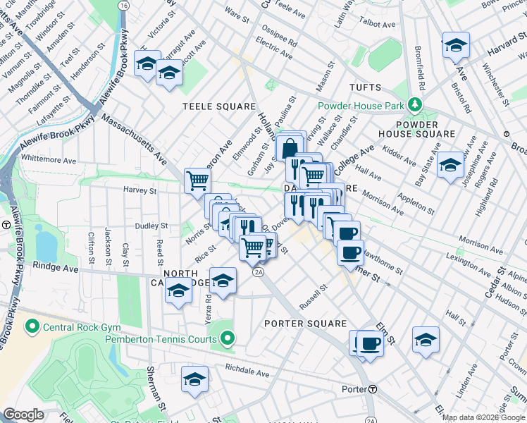 map of restaurants, bars, coffee shops, grocery stores, and more near 155 Orchard Street in Somerville