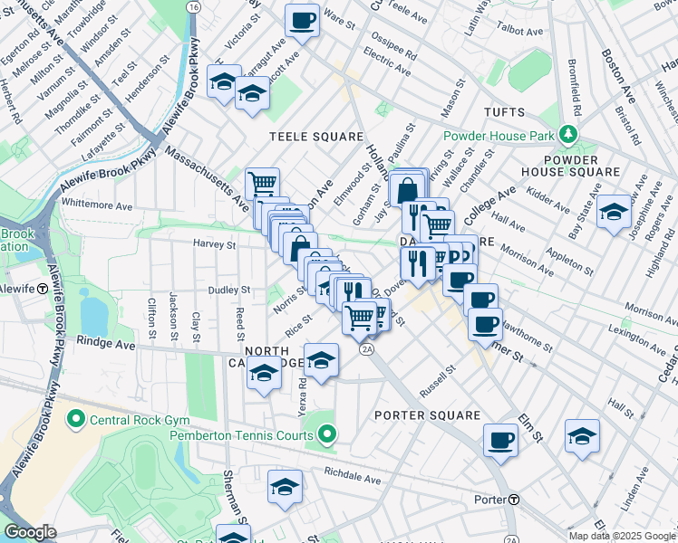 map of restaurants, bars, coffee shops, grocery stores, and more near 9 Locke Street in Cambridge