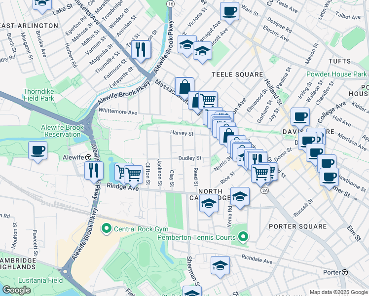 map of restaurants, bars, coffee shops, grocery stores, and more near 91 Montgomery Street in Cambridge
