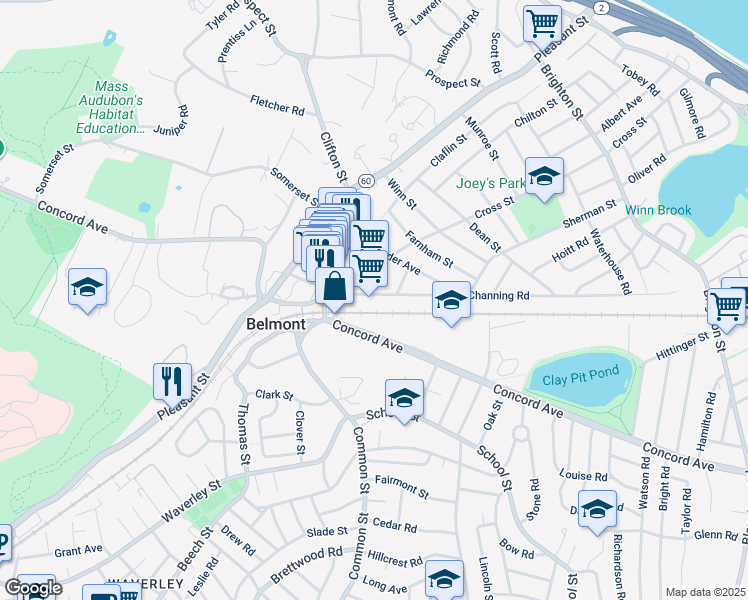 map of restaurants, bars, coffee shops, grocery stores, and more near 395 Concord Avenue in Belmont