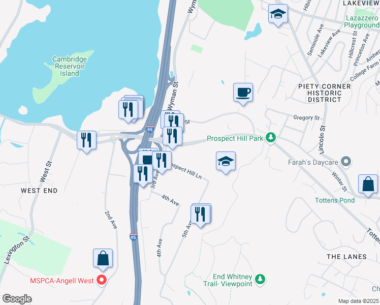 map of restaurants, bars, coffee shops, grocery stores, and more near 470 Totten Pond Road in Waltham