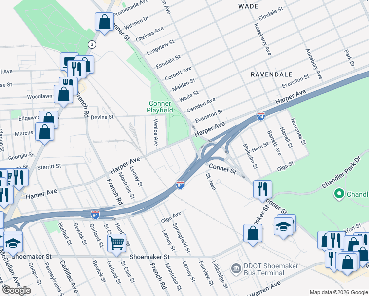 map of restaurants, bars, coffee shops, grocery stores, and more near 6104 Beniteau Street in Detroit
