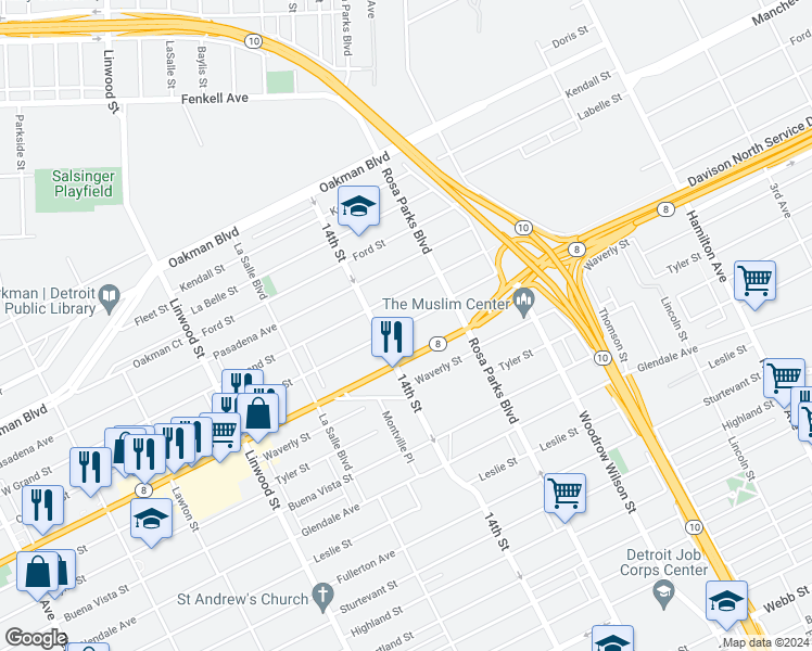 map of restaurants, bars, coffee shops, grocery stores, and more near 1990 West Davison Street in Detroit