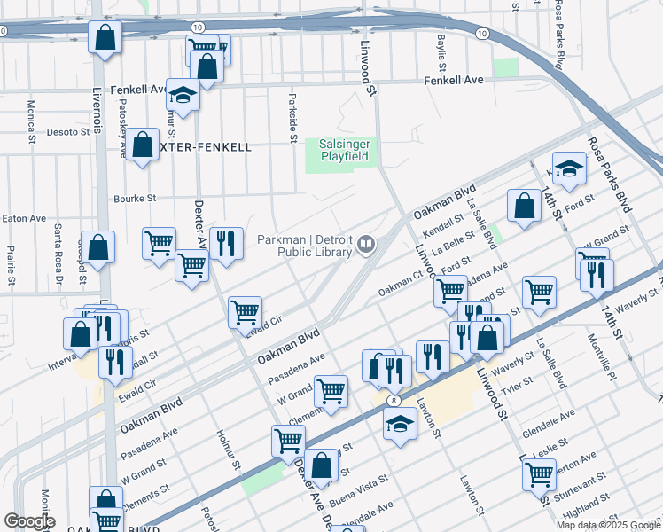 map of restaurants, bars, coffee shops, grocery stores, and more near 1865 Ewald Circle in Detroit