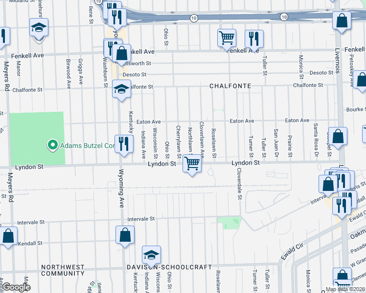 map of restaurants, bars, coffee shops, grocery stores, and more near 14546 Cherrylawn Street in Detroit