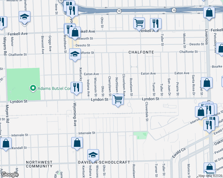 map of restaurants, bars, coffee shops, grocery stores, and more near 14546 Cherrylawn Street in Detroit