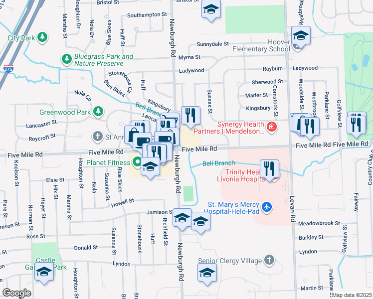 map of restaurants, bars, coffee shops, grocery stores, and more near in Livonia