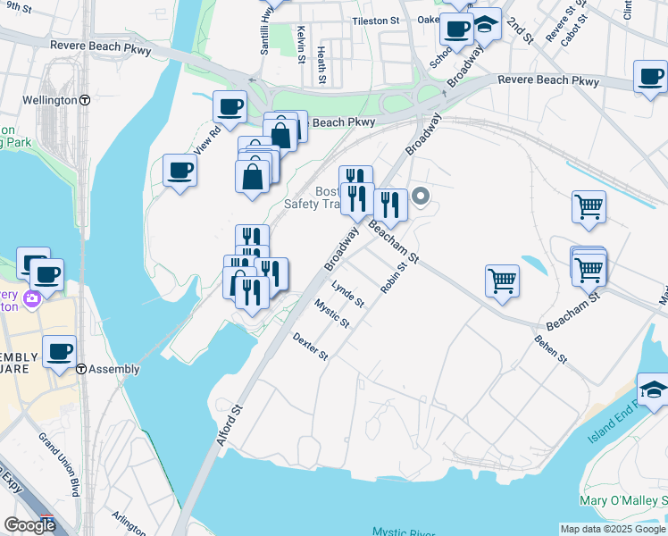 map of restaurants, bars, coffee shops, grocery stores, and more near 40 Bow Street in Everett