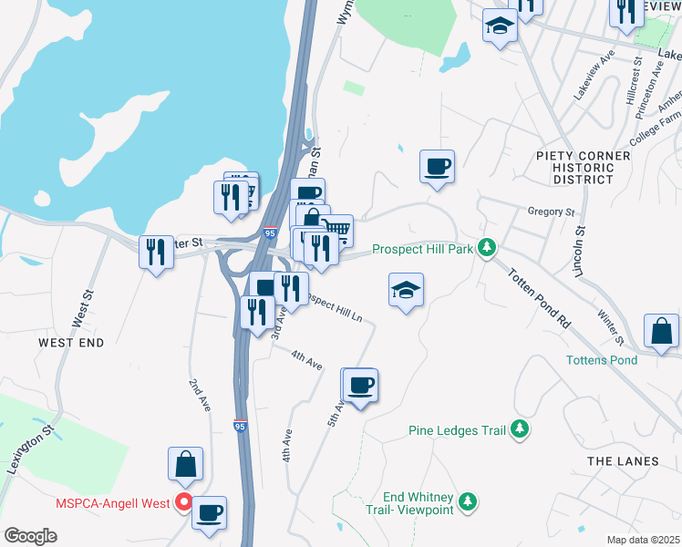map of restaurants, bars, coffee shops, grocery stores, and more near 480 Totten Pond Road in Waltham