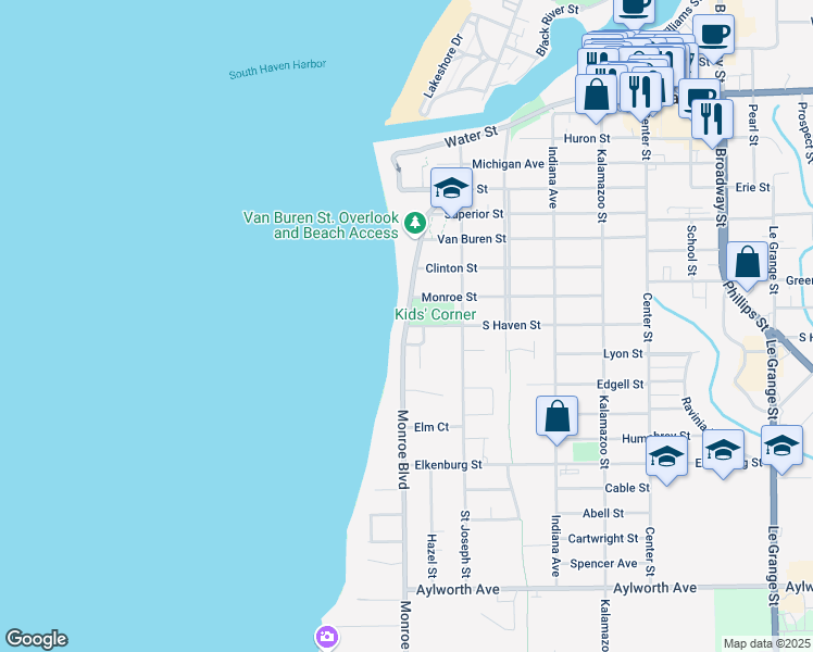 map of restaurants, bars, coffee shops, grocery stores, and more near 6 South Haven Street in South Haven