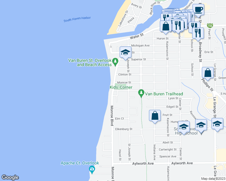 map of restaurants, bars, coffee shops, grocery stores, and more near 2 South Haven Street in South Haven