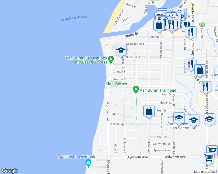 map of restaurants, bars, coffee shops, grocery stores, and more near 3 South Haven Street in South Haven