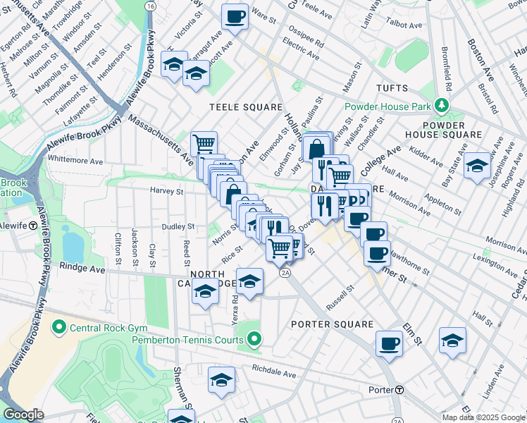 map of restaurants, bars, coffee shops, grocery stores, and more near 9 Locke Street in Cambridge