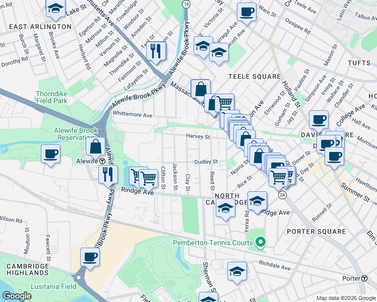 map of restaurants, bars, coffee shops, grocery stores, and more near 133 Dudley Street in Cambridge