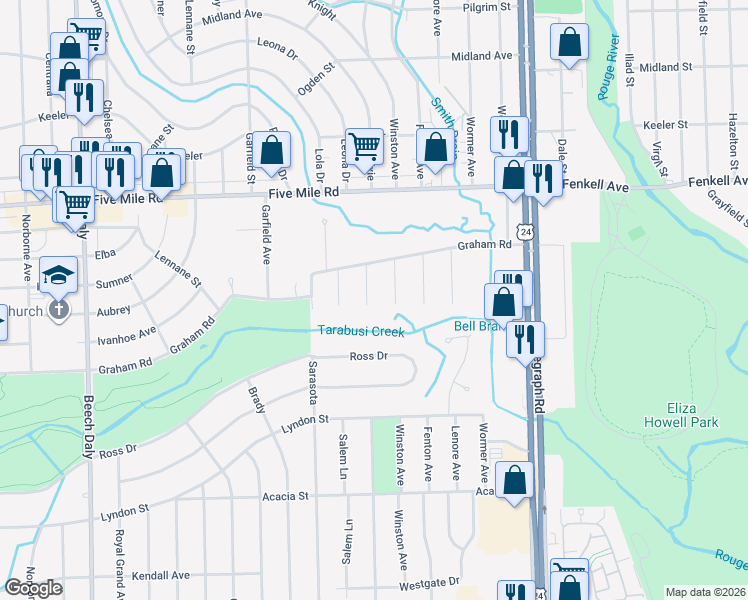 map of restaurants, bars, coffee shops, grocery stores, and more near 14989 Winston in Redford Charter Township