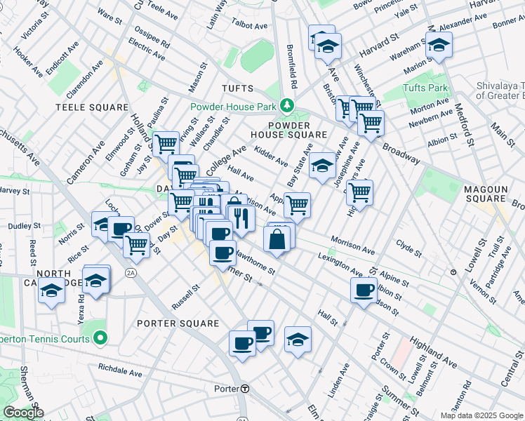 map of restaurants, bars, coffee shops, grocery stores, and more near 97 Winslow Avenue in Somerville