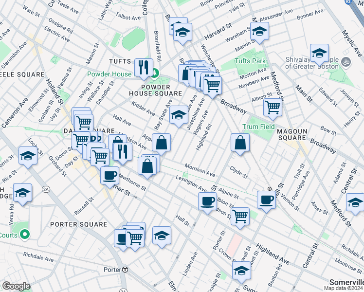 map of restaurants, bars, coffee shops, grocery stores, and more near 33 Josephine Avenue in Somerville