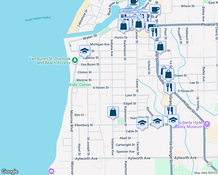 map of restaurants, bars, coffee shops, grocery stores, and more near South Haven Street in South Haven