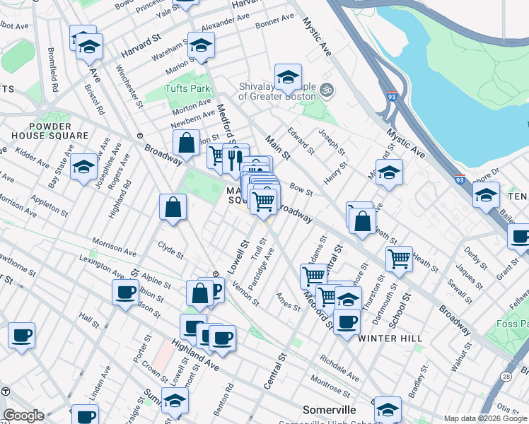 map of restaurants, bars, coffee shops, grocery stores, and more near 499 Medford Street in Somerville