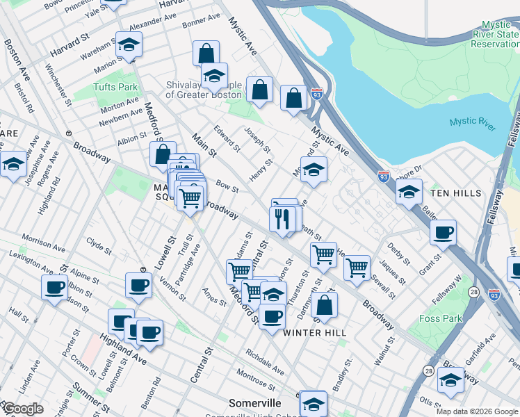 map of restaurants, bars, coffee shops, grocery stores, and more near 51 Main Street in Somerville