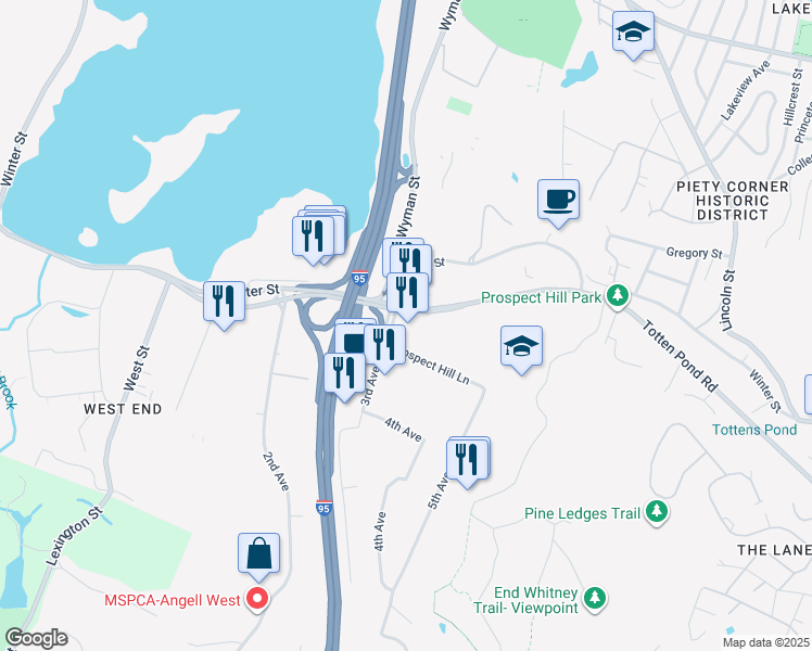 map of restaurants, bars, coffee shops, grocery stores, and more near 500 Totten Pond Road in Waltham