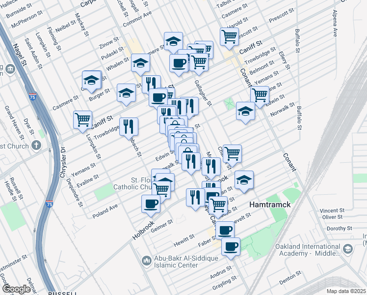 map of restaurants, bars, coffee shops, grocery stores, and more near 9459 Mitchell Street in Hamtramck