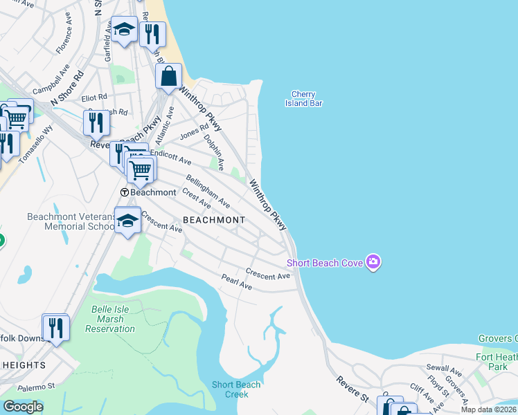 map of restaurants, bars, coffee shops, grocery stores, and more near 198 Bellingham Avenue in Revere