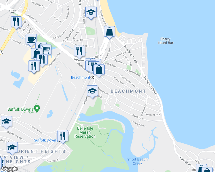 map of restaurants, bars, coffee shops, grocery stores, and more near 64 Crescent Avenue in Revere