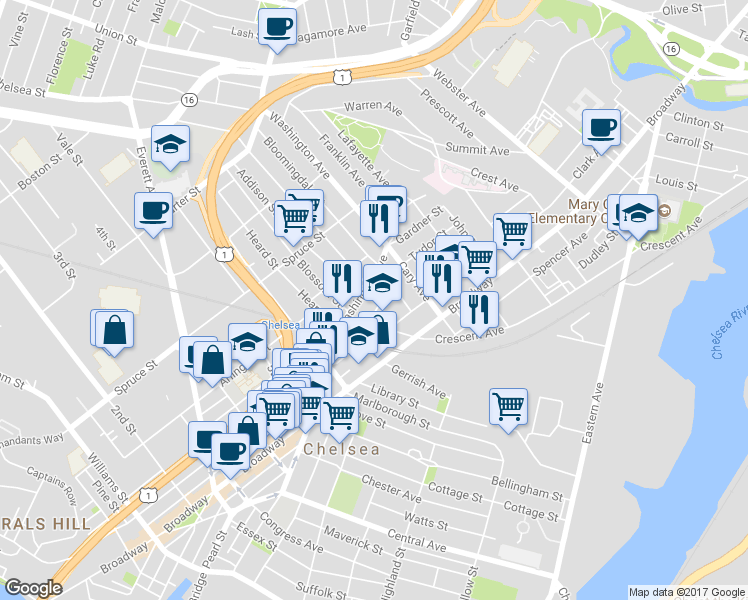 map of restaurants, bars, coffee shops, grocery stores, and more near 8 Clark Avenue in Chelsea