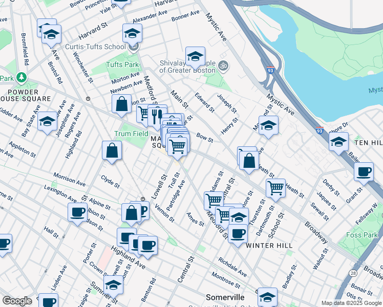 map of restaurants, bars, coffee shops, grocery stores, and more near 499 Medford Street in Somerville