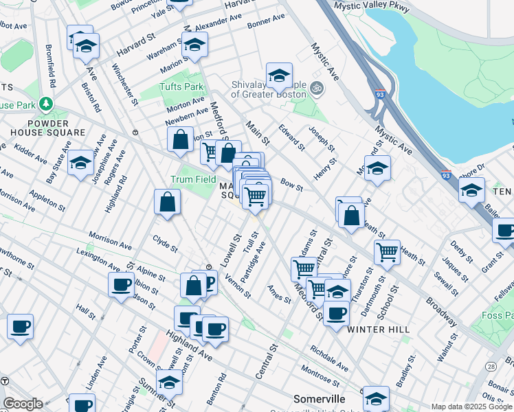 map of restaurants, bars, coffee shops, grocery stores, and more near 499 Medford Street in Somerville