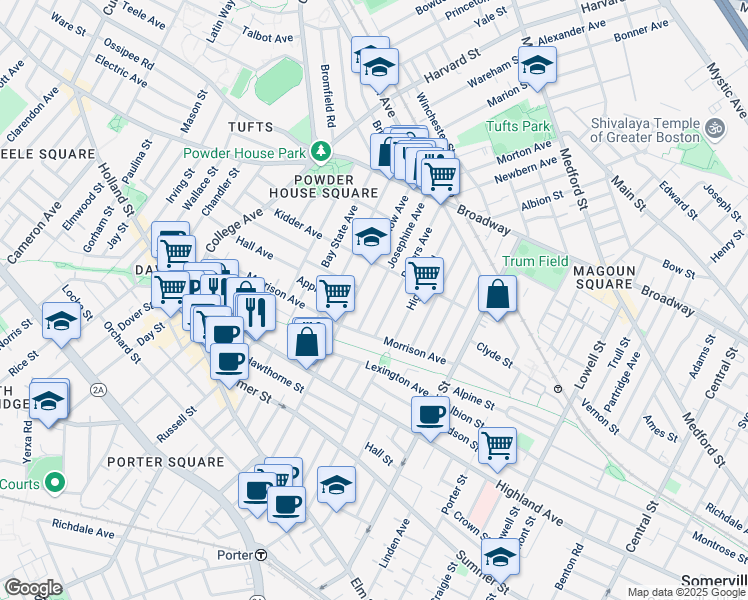map of restaurants, bars, coffee shops, grocery stores, and more near in Somerville
