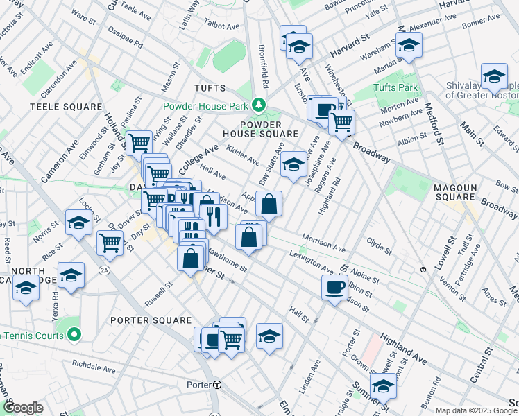 map of restaurants, bars, coffee shops, grocery stores, and more near 125 Morrison Avenue in Somerville