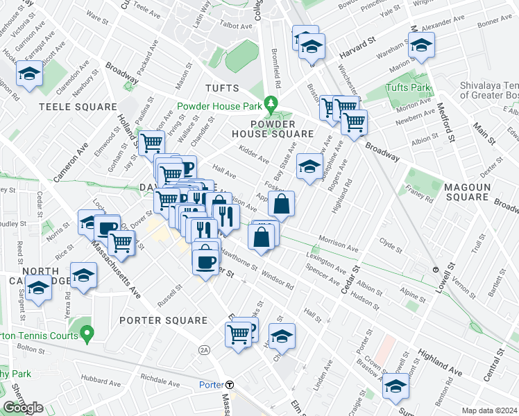 map of restaurants, bars, coffee shops, grocery stores, and more near 97 Winslow Avenue in Somerville