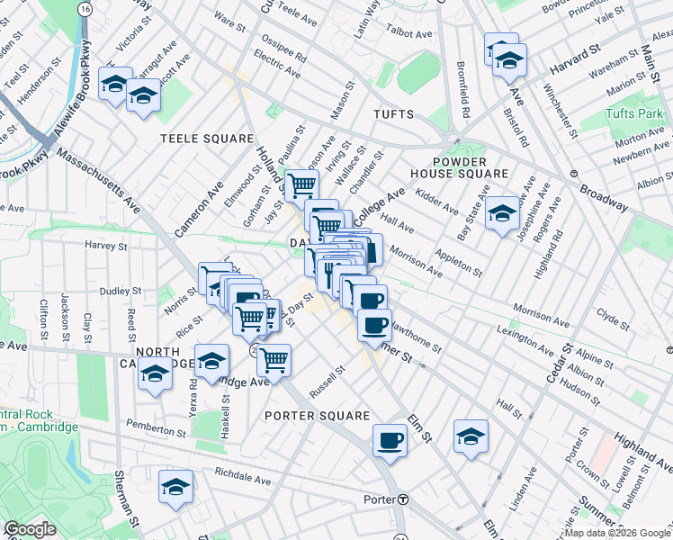 map of restaurants, bars, coffee shops, grocery stores, and more near in Somerville