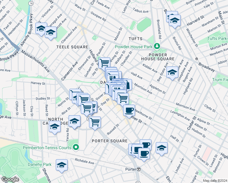 map of restaurants, bars, coffee shops, grocery stores, and more near in Somerville