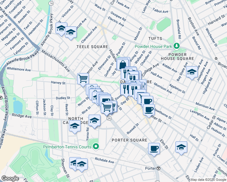 map of restaurants, bars, coffee shops, grocery stores, and more near 155 Orchard Street in Somerville